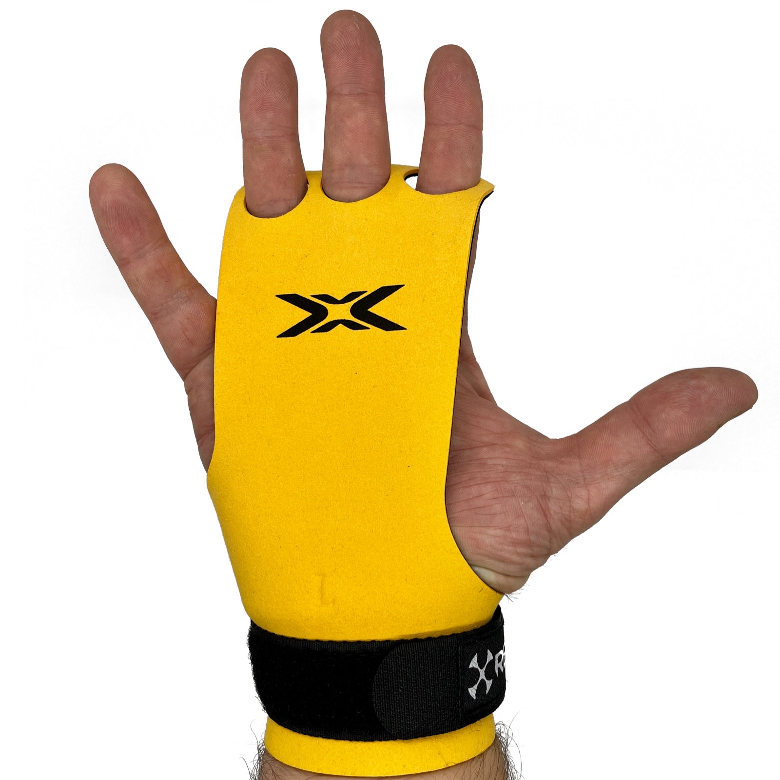 Reyllen X3 BumbleBee Crossfit Gymnastic Hand Grips - 3-hole worn on hand view
