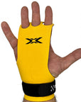Reyllen X3 BumbleBee Crossfit Gymnastic Hand Grips - 3-hole worn on hand view